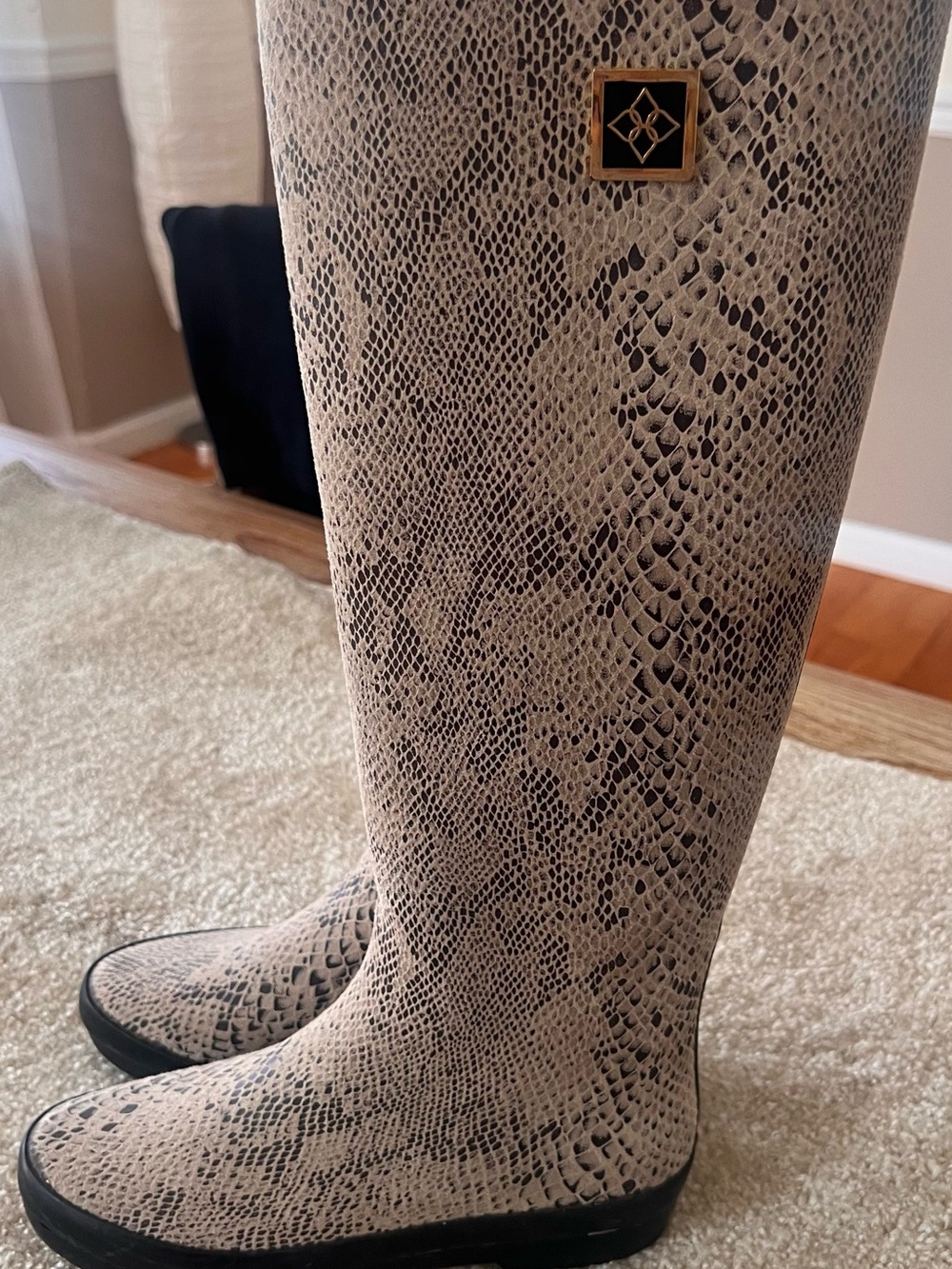 Snake-Print Knee High Rain Boots - Beige